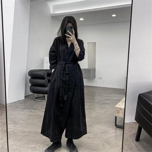 Large dark V-neck Jumpsuit long sleeve 2021 summer new loose solid lace up casual wide leg pants