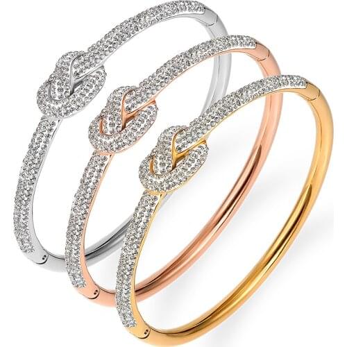 Cubic Zirconia Full Crystals Bangles Bracelet For Women Lady Charm Party Jewelry Rose Gold Color Wristband Knot Bangle
