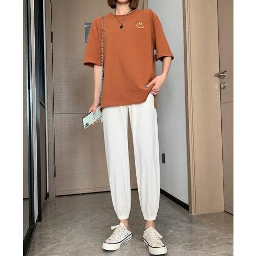 Blue Drawstring High Waist Trousers White Jogger Pants Summer Pink Ice Silk Sweatpants Women Solid Colors Loose Thin Harem Pants