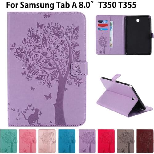 T350 Case For Samsung Galaxy Tab A 8.0 inch SM-T350 T355 SM-T355 Cover Funda Tablet Cat Tree Pattern PU Leather Flip Stand Shell