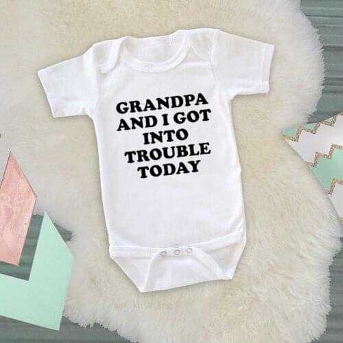 DERMSPE Newborn Baby Boys Girls Short Sleeve Letter Print Grandpa And I Got Into Trouble Today Romper Summer Baby Clothes