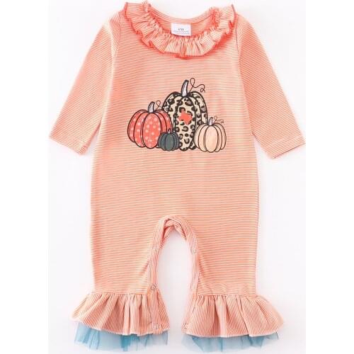 Girlymax Halloween Thanksgiving Fall Jumpsuit Stripe Pumpkin Ruffle Long Sleeve Baby Girls Kids Clothing Infant Romper Toddler