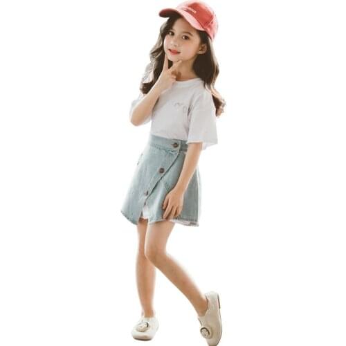 Kids girls short-sleeved suit letters printed T-shirt + jeans 2pcs suit fashion irregular skirt new summer big virgin suit