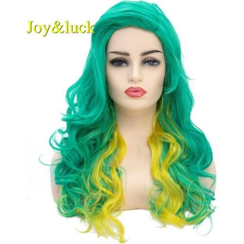 Joy&luck Long Natural Curly Synthetic Wigs for Women Green Mixed Yellow Color Cosplay Wigs