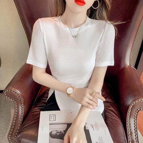 Irregular Summer Fashion Shirt T Shirt Split fork Women Tops Base O-neck Short sleeve Girls Tshirt 2021 clothing women