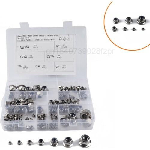 140 Boxed - 304 Stainless Steel Hexagon Flange Nylon Nut - Anti Slip Locknut: M3-m12