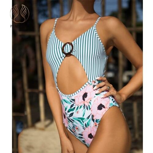 Peachtan Ring monokini Patchwork print swimwear female Cut-out one piece swimsuit women Bandeau bathing suit Sports bodysuit new
