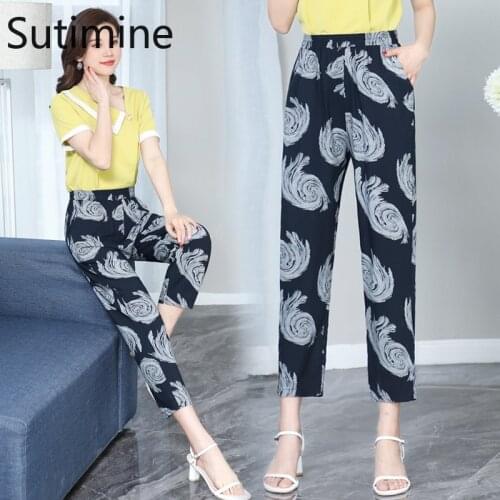 Summer Womens Clothing Calf-Length Wide Leg Pencil Pants Plus Size Sweatpants Women Printed Trousers for Female Elastic Waist