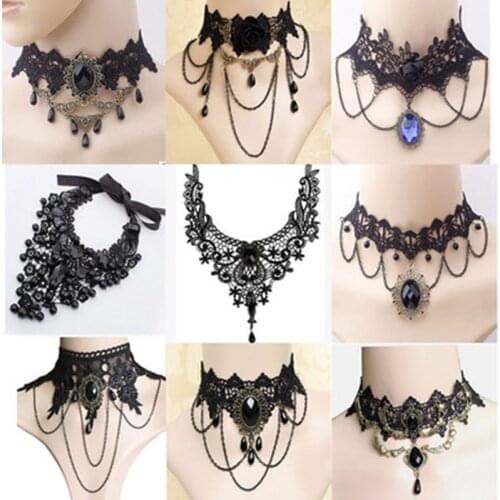 Fashion Tassel Punk Style Gothic Choker Necklace Red Rhinestone Charms Vampire Maxi Necklace Vintage Tattoo Lace Pendant Wedding