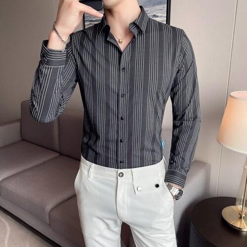 Plus Size 4XL-M Autumn Long Sleeve Striped Shirts Men Clothing 2021 Simple Business Formal Wear Slim Fit Tuxedo Chemise Homme