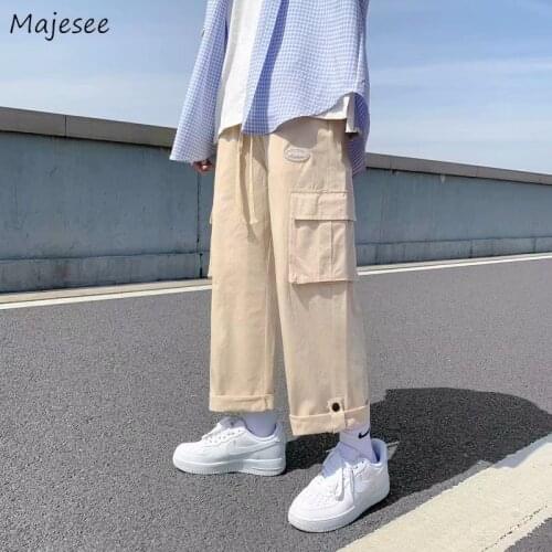 Men Casual Pants Multi-pockets All-match Wide Leg Ulzzang Males Cargo Trousers Elastic Waist Simple Style Loose Streetwear New