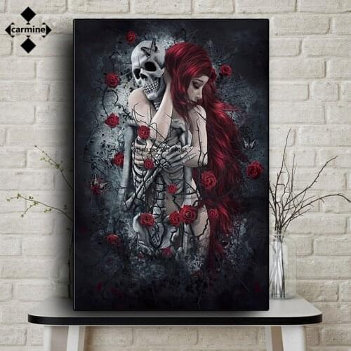 Skull Wall Art Painting Red Rose Canvas Picture Long-Haired Woman Poster and Print for Home Interior Decor Frameless Wall Print
