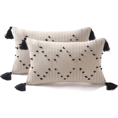 Farmhouse Throw Pillow Covers,12 x 20 inch Decorative Lumbar Pillowcases Tribal Geometric Tufted Tassels Woven Cushion