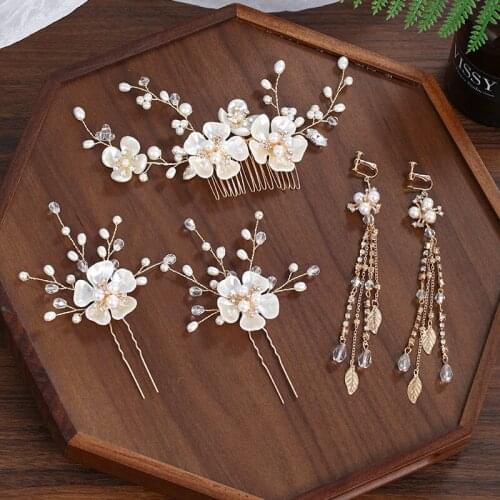 New Fashion Gold Color Flower Leaf Crystal Pearls Hair Combs Hairpins Earrings Set Bride Noiva Wedding Decor Hair Accessories