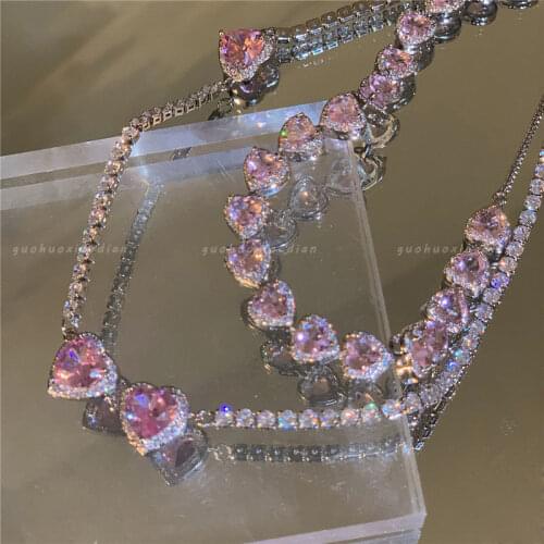 2021 New Pink Rhinestone Core Necklace Pendant Y2K Aesthetic Romantic Heart Necklace for Woman Jewelry Wholesale
