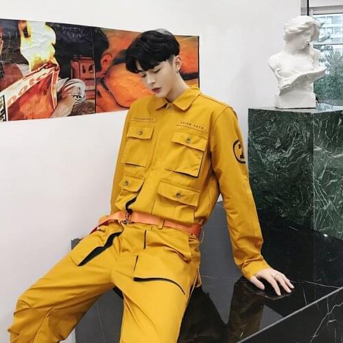 2021 New Streetwear Hip Hop Casual Jumpsuit Cargo Pant Male Overalls Couple Stage Clothing Jumpsuit Yellow Pink Black Trousers
