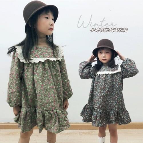 Autumn Winter New Girls Dress 2021 Fashion Lace Cotton Kids Long Sleeve Dress Korean Ruffle Floral Dress For Girls Baby Clothes