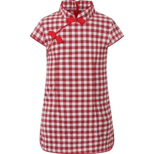 Retro Chinese Style Girls Dress For Short Sleeve Summer High Collar Traditional Costumes Tang Knot Clothing Kids Hanfu Cheongsam