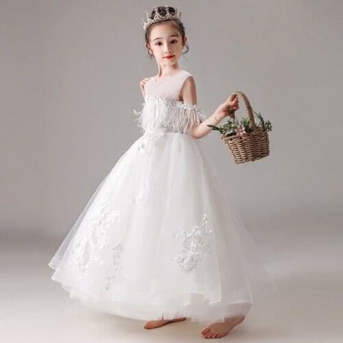 Flower Girl Dresses Illusion Embroidery Crystal Appliques Off The Shoulder Tulle Lace Princess Floor-Length Kids Party Gown H332