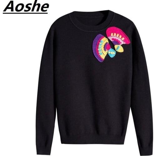 Aoshe Pullover Winter Sweater For Women Designer Handmade Butterfly Embroidery Knitted Sweater Casual Tops Jumper Knitwear