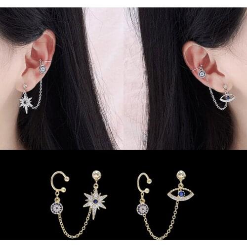 AAA Quality Silver Needle Clip Chain Link Earrings Micro CZ Star Eye Asymmetric Ear Cuff Clip Earrings Fashion Women Jewelry
