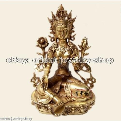 Tibetan Buddhism Pure copper gilt hand made Green Tara Budda statue
