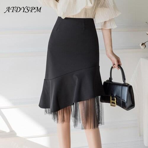 Elegant Stitching Women Skirts Korean Fashion Casual A-Line Mermaid Skirts Office Lady Black Apricot High Waist Wrap Midi Skirts