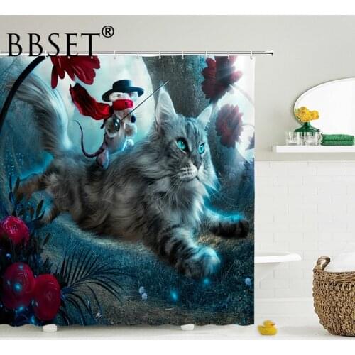 Funny Animal Shower Curtain Mouse Knight Riding A Cat Pattern Waterproof Multi-size Douchegordijn Bathroom Decor with 12 Hooks