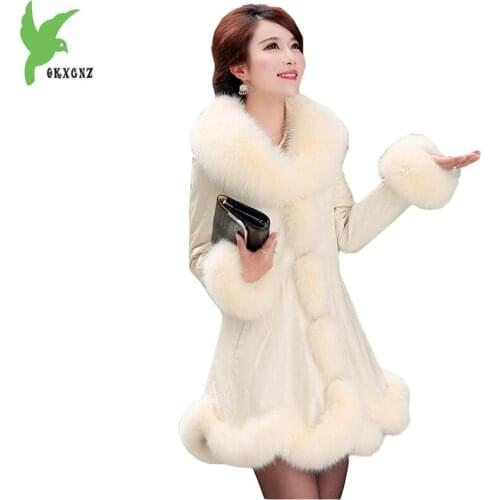 Boutique New Fashion Winter Women Artificial Leather Jacket Imitation Fox Fur Big Fur Collar Plus Size Temperament Coat OKXGNZ84