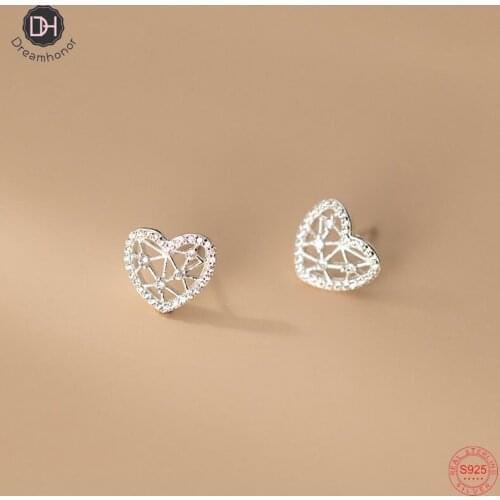 Dreamhonor Zircon Net Heart Shape Stud Earrings For Women 925 Sterling Silver Wedding Jewelry