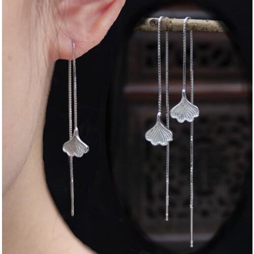 S925 Sterling Silver Ginkgo Leaf Ear Line Square Earrings Female Simple Temperament Short Geometric Square Earrings