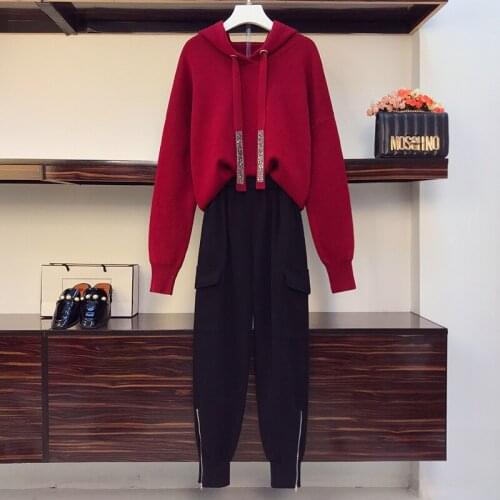 Women autumn casual suit 2021 autumn and winter wear new large size diamond loose sweater top and wide leg pants two piece sets