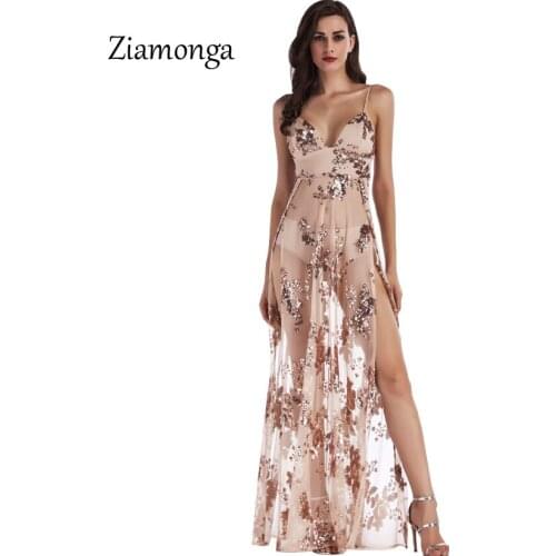 Ziamonga Women Maxi Dress Sequin Split Long Dress Backless Evening Party Bandage Dress Side Slit V Neck Sexy Dress Vestidos Robe