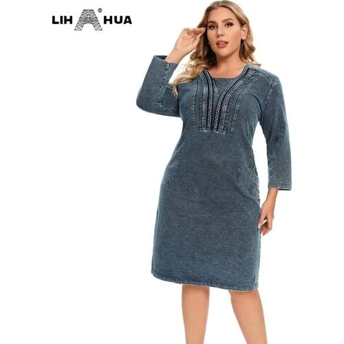 LIH HUA Womens Plus Size Denim Dress Elasticity Knitted Denim Dresses Slim Fit Casual Dress Shoulder Pads Midi Dress