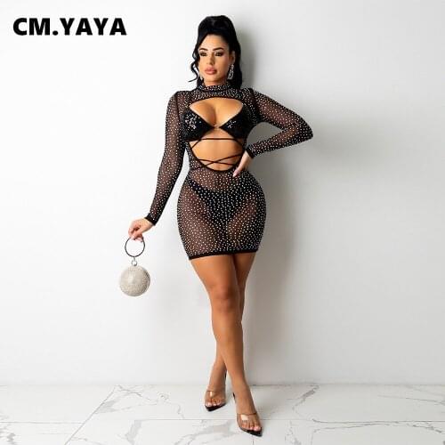 CM.YAYA Women Mini Dress Diamonds Mesh See-through Half High Collar Zipper Hollow Out Skinny Dresses Sexy Vestidos Autumn Outfit