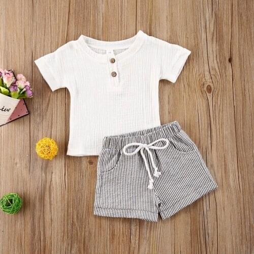 2Pcs Sets Summer Casual Infant Kid Baby Boys Girls Clothes Sets White Button Short Sleeve T Shirts Tops Striped Pants Outfits