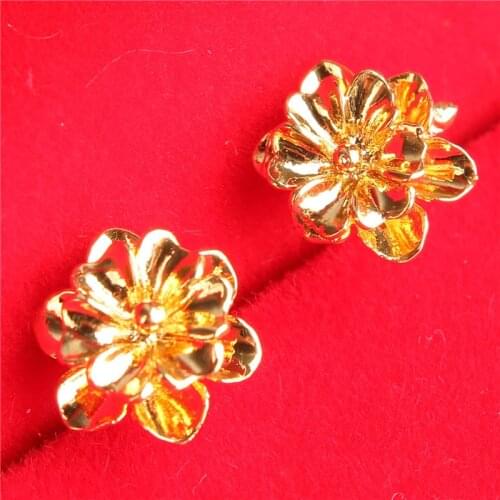 24K Yellow Gold Stud Earrings For Women Lovely Flower Earing Brincos Femme Pendientes Wedding Bridal Jewelry Accessory