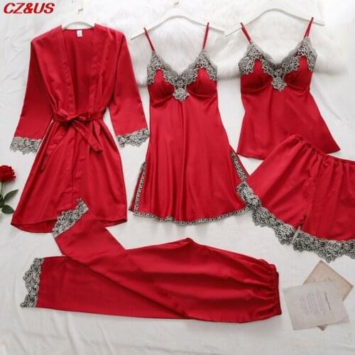 5PC Silk Sexy Robe Sleep Suit Womens Lace Satin Pajamas Gown Set V-Neck Cami Nighties Home Nightwear 2021Spring Nightdress M-2XL