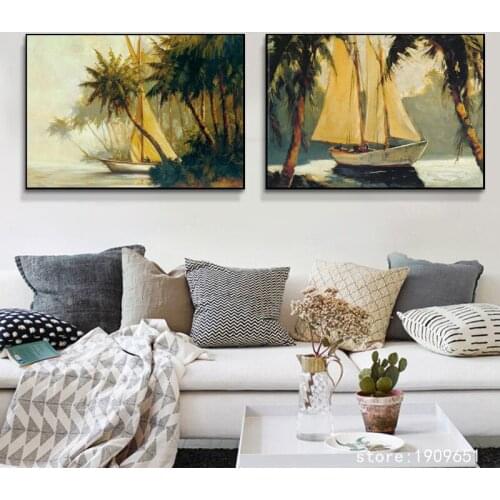 No frame Mediterranean sea coconut tree scenery canvas printings oil painting printed on cotton wall art decoration picture