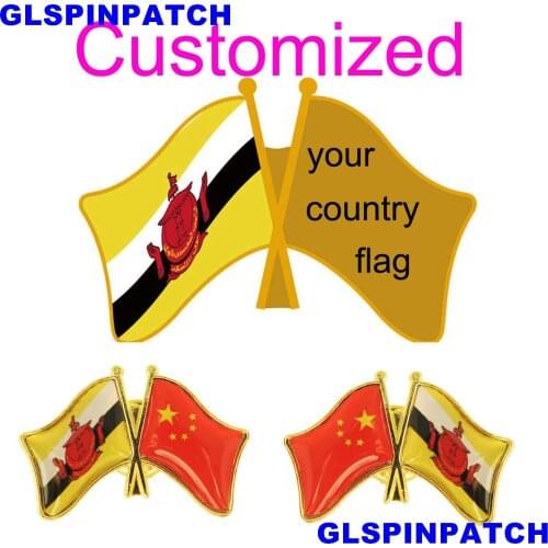 Brunei Crossed Friendship Flag Double Country lapel pin Brooch USA UK France Chile Russia Saudi Arabia Japan Spain Badge