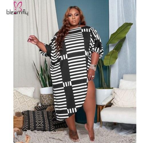 2021 Plus Size Bohemian Long Dress O-Neck Maxi Dress Tunic For Beach Summer Robe Black Print Casual Dresses Plus Size 4XL 5xl