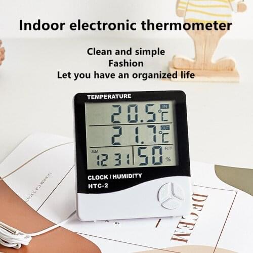 HTC-2 Digital LCD LED Thermometer Hygrometer Electronic Thermometer Clock Weather Clock Home Weather Station Multi-function
