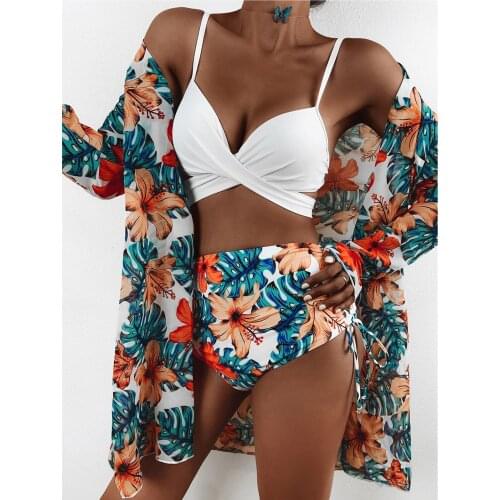 Three Piece Sets Sexy Women Swimsuit High Waist Bathing Suit Plus Size Swimwear Push Up Bikini Set+long Beach Cover-up#F3