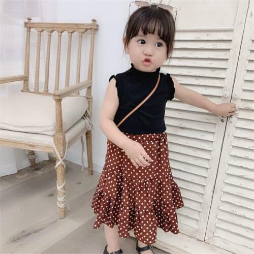 Girls suit vest bottoming shirt plus polka dot skirt two-piece 2021 summer new two piece skirt set kids clothes