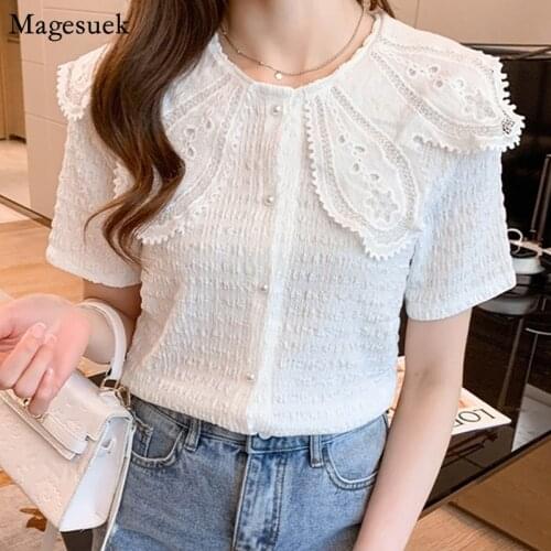 Summer Tops Short Sleeve Chiffon Shirts For Women 2021 Chic Turn-down Collar White Woman Blouses Embroidery Women Clothing 15274