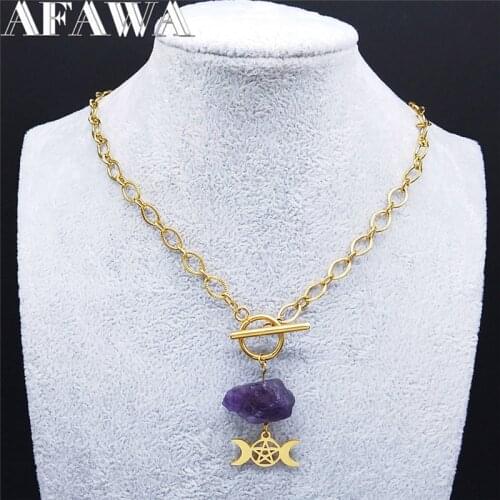 Witchcraft Pentagram Sun Moon Stainless Steel Punk Neckless Gold Color Natural Purple Crystal Necklace Jewelry collier N3515S02
