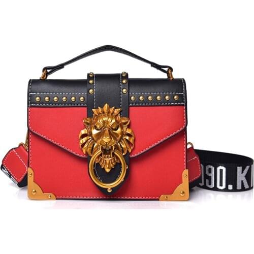 Fashion Metal Lion Handbags Crossbody Bags Women Metal Lion Head Brand Rivet Shoulder Purse Mini Square Messenger Bag