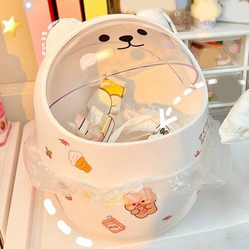 Desktop With Lid Trash Can Mini Kawaii Cute Bear Trash Bin Storage Box Girl Pen Holder Storage Bucket Home Car Garbage Bin