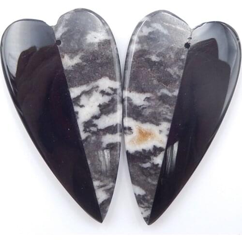 Natural Gemstone Heart-shape Zebra Jasper With Obsidian intarsia Fashion Woman Earrings Beads 46x25x4mm,15.4g