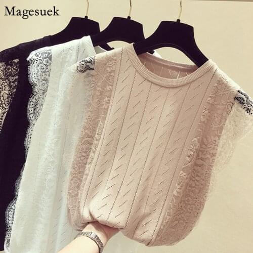 New Summer Mesh Women Shirt Blouses Korean Sleeveless O-Neck Knitted Top Blouse Lace Patchwork Solid Female Shirts Blusas 8795